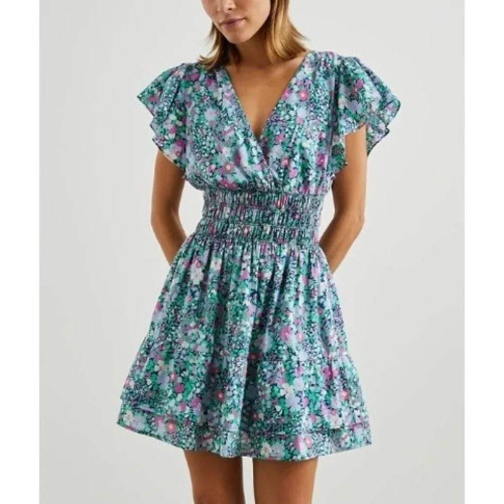 Rails Kimora Navy Leilani Floral Cotton Smocked Mini Dress Size M Flutter Ruffle